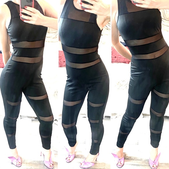 CBR black stretch jumpsuit size S-M NWT Back Zip Closure Mesh Details Curve - Picture 12 of 16